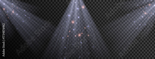 Realistic white stage spotlight beams with glowing particles on transparent background, concert theater lighting effect for performance, show, decoration, abstract design, or celebration event.