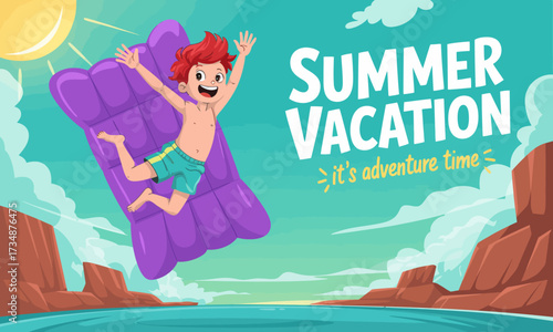 A cheerful child leaping from a floating pad into a vibrant summer scene, embodying excitement, freedom, and the spirit of adventure during school vacation time.