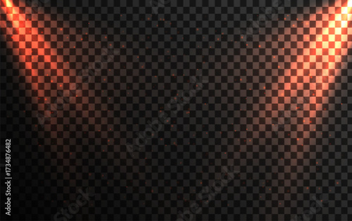 Realistic stage spotlight with glowing orange beams on transparent background, bright theater light effect for performance, concert, show, presentation, decoration, or abstract lighting design.