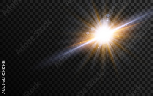 Bright golden light flare with glowing rays and starburst effect on transparent background, realistic shining sunlight sparkle, abstract glowing flash for design, decoration, or celebration effect.