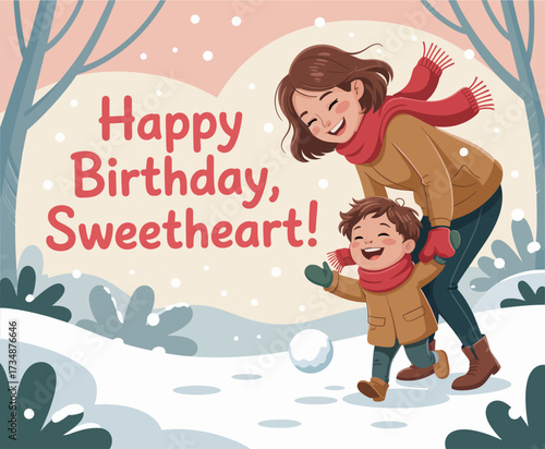 A heartwarming scene of a mother and her son enjoying a snowy birthday celebration, conveying warmth and joy in a festive winter environment.
