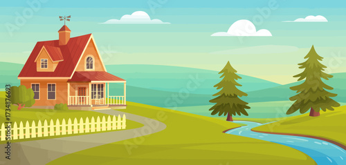 An idyllic illustration of a charming house set in a serene landscape, featuring green hills and a sparkling river, perfect for evoking feelings of peace and tranquility.