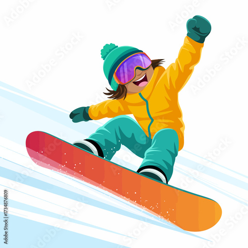 This dynamic illustration depicts an excited girl snowboarding down snowy slopes, showcasing her lively spirit and joy, celebrating adventure and winter sports fun.