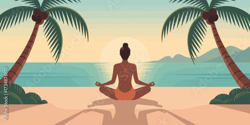 A serene silhouette of a person meditating on a tranquil beach at sunset, embodying peace and self-reflection amidst nature's beautiful scenery.