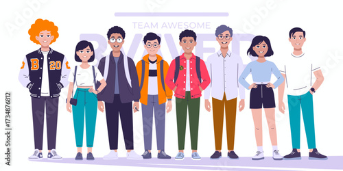 A group of diverse friends stands together smiling, showcasing unity, friendship, and the importance of relationships in a vibrant and contemporary illustration.