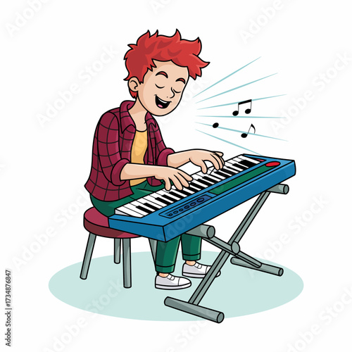 A young musician enthusiastically plays the piano, expressing pure joy through music as notes seem to float around, indicating a lively and creative atmosphere.