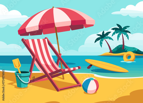 A picturesque beach setting features a lounge chair, umbrella, surfboard, and palm trees, evoking a sense of relaxation and summer joy by the sea.
