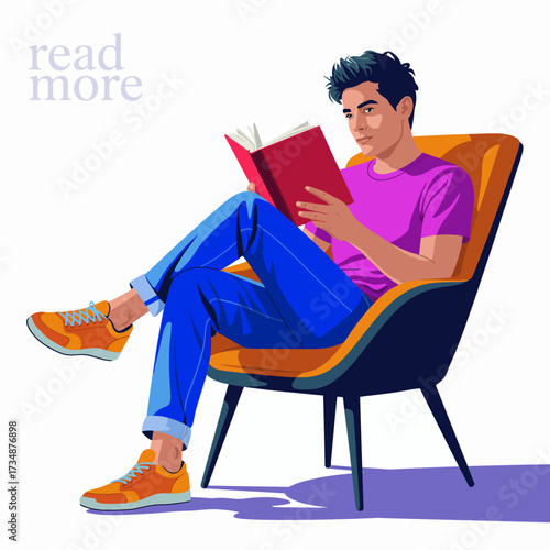 This vibrant illustration captures a young man engaged in reading a book while relaxed in a stylish chair, depicting the joy of reading and leisure time.