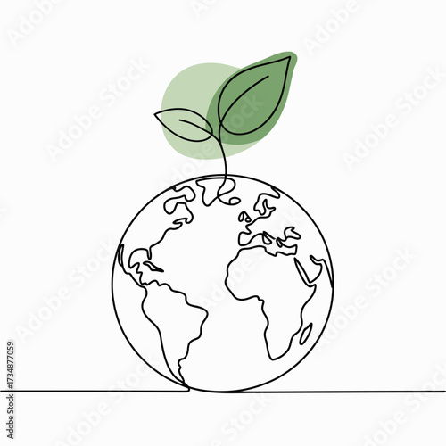 A minimalistic illustration of a globe with a young plant sprouting, representing growth, sustainability, and the nurturing of our planet in an eco-friendly artistic style.