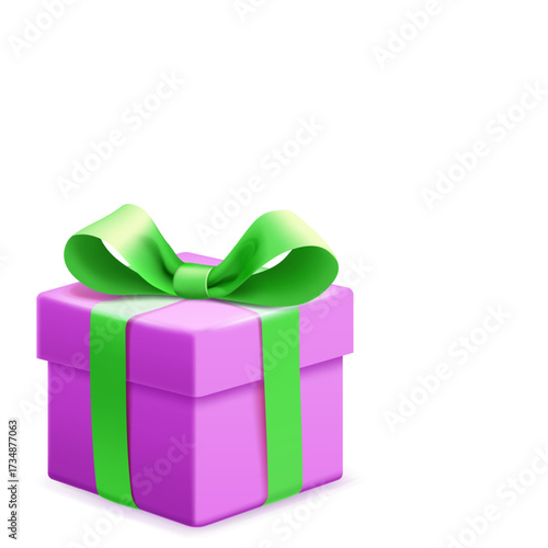 A purple gift box adorned with a green ribbon and bow on a white background.