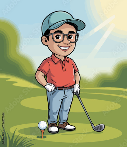 A cheerful young golfer standing proudly on the green, ready to take a swing, showcasing sportsmanship and passion for the game of golf under a bright sunny day.