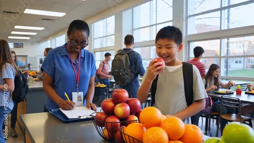 Students Enjoying Healthy Fruits in School Cafeteria