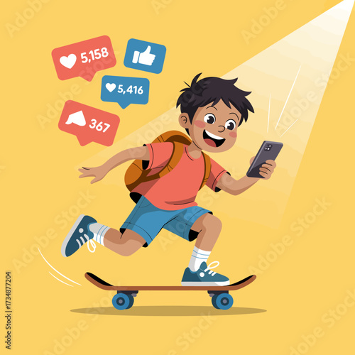 A cheerful boy on a skateboard is engrossed in his smartphone, showcasing the blend of outdoor fun and digital engagement in modern youth culture and lifestyles.