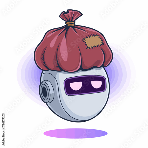 A whimsical robot character with a bag on its head, showcasing a blend of technology and humor, inviting viewers to reflect on creativity and absurdity in art.