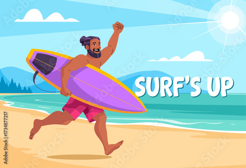An energetic surfer joyfully runs towards the sun-kissed waves, embodying the carefree, adventurous spirit of summer with a surfboard in hand and a big smile.