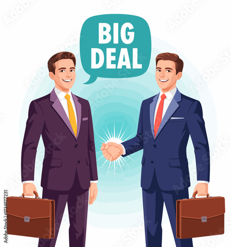 Two professional businessmen shake hands in a bright and confident atmosphere, symbolizing a successful deal and partnership in the corporate world.