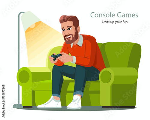 A joyful young man sits on a green couch, immersed in playing video games with a controller in hand, illuminating the cozy ambiance with a standing lamp nearby.