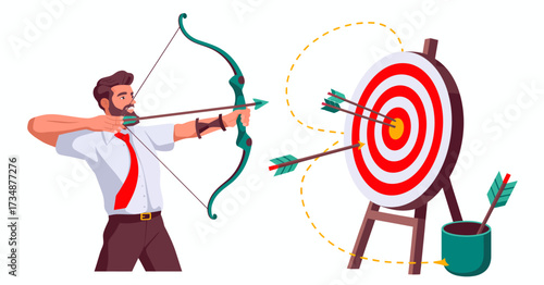 This dynamic illustration shows a man concentrating on shooting arrows at a target, representing focus, determination, and precision in achieving goals and aspirations.