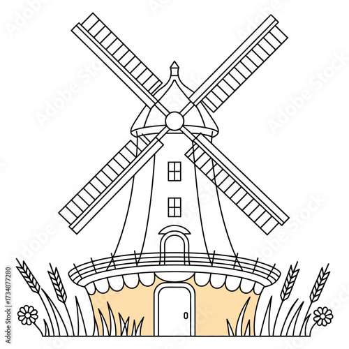 A black and white illustration of a whimsical windmill, perfect for coloring, surrounded by flowers and greenery, inviting creativity and relaxation through artistic expression.