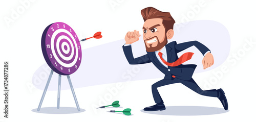 This illustration depicts a focused businessman running towards a target board, embodying the concepts of ambition, determination, and the pursuit of success in a competitive world.