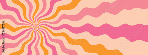 Vector starburst pattern. Pink and yellow groovy background with wavy rays