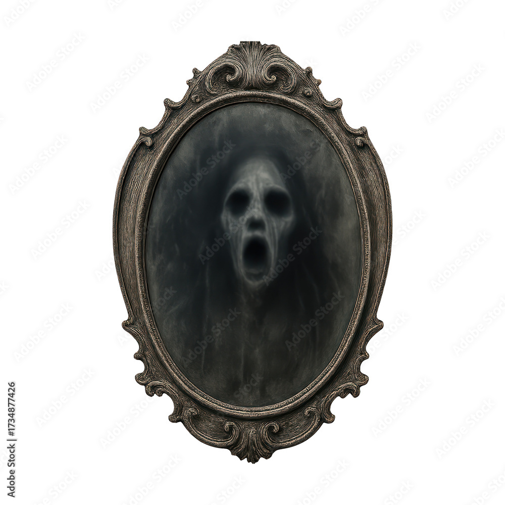 Naklejka premium A photo realistic isolated cut-out of a [halloween haunted mirror], high-resolution, no background, natural lighting, transparent background, no shadow, with space on the edge, in the center