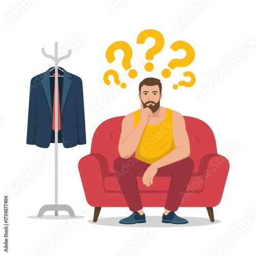 A man sits thoughtfully on a couch, surrounded by clothing options, reflecting on his attire decision, embodying moments of uncertainty and personal expression in fashion.
