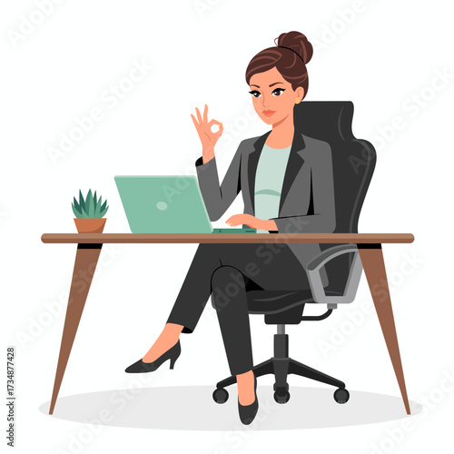 A professional woman seated at a stylish desk is working on her laptop, showcasing a modern office environment that reflects productivity and enthusiasm.
