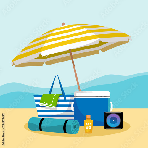 This vibrant illustration captures beach essentials like an umbrella, cooler, and towels, representing leisure, relaxation, and fun in the sun at your favorite vacation spot.