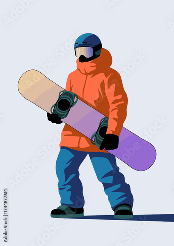 A dynamic illustration of a snowboarder in an eye-catching outfit, capturing the thrill of winter sports and the excitement of outdoor adventure on a snowy landscape.