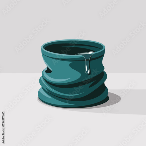 The image shows a uniquely designed teal container with a droplet of liquid, symbolizing sustainability, creativity, and modern design trends in utility objects.