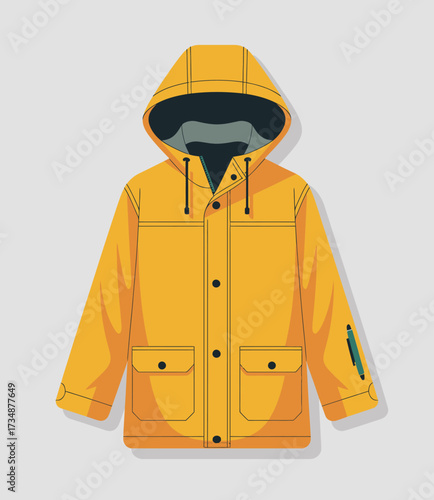 This vibrant yellow rain jacket features a practical hood and pockets, showcasing a stylish yet functional piece that is perfect for outdoor activities and rainy days.