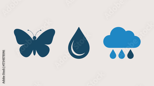 Butterfly water drop and rain cloud icons simple flat vector design elements isolated on white background