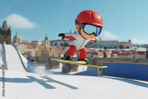 Wallpaper Mural Miniature athlete: ski jumping against the backdrop of a historic town. Torontodigital.ca