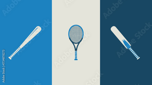 Sports equipment icon set featuring a baseball bat tennis racket and cricket bat vector illustration on a blue and white background