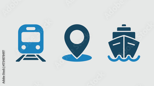 Set of transportation icons train location pin and ship simple flat vector design element for web and mobile apps isolated on white background