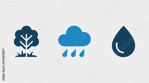 Set of nature icons tree rain cloud and water drop simple flat vector design element for weather forecast isolated on white background