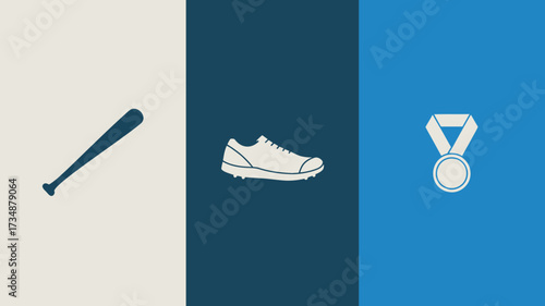Minimalist sports icons including baseball bat running shoe and medal vector illustration for app and web design