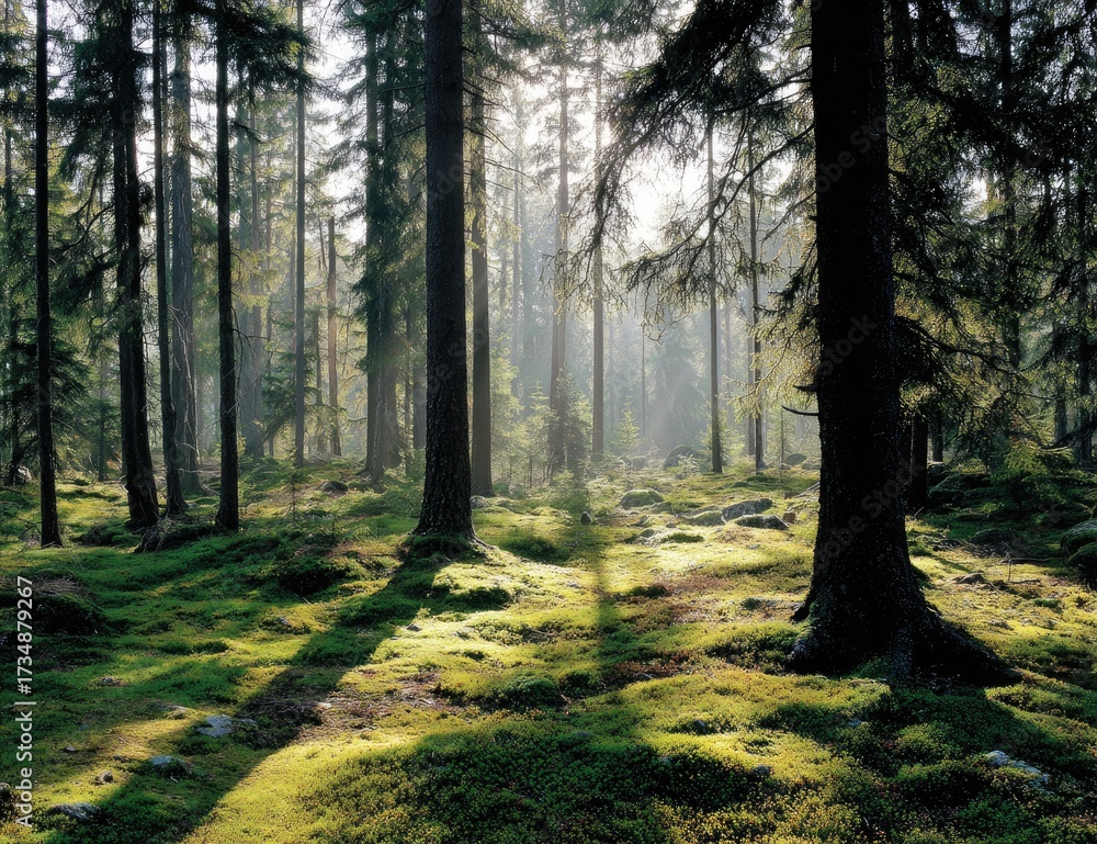 Fototapeta premium Sunlight filtering through a dense forest, illuminating moss-covered ground and tall trees.
