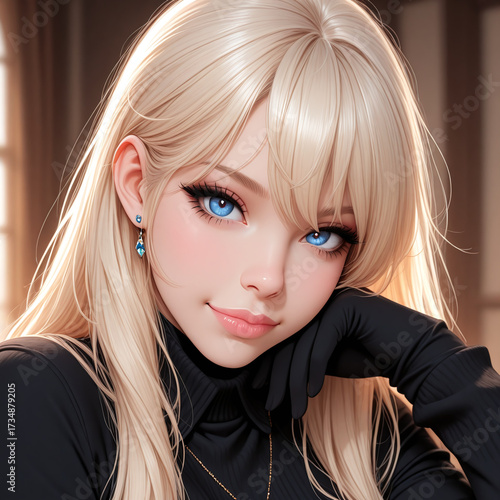 Blonde Woman Portrait with Blue Eyes and Black Turtleneck, Detailed Anime Closeup in Soft-Focus Background Template.
