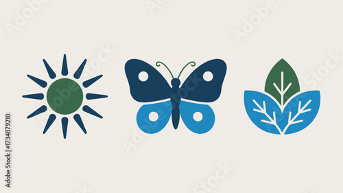 Nature icon set featuring a sun butterfly and plant simple vector design for environmental and ecological themes