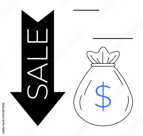 Bold black downward arrow with Sale text beside a bag with blue dollar sign. Ideal for retail, discounts, shopping, finance, saving, marketing, success concepts. Simple flat metaphor