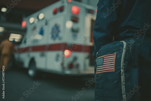 Emergency medical technician with USA flag bag supporting healthcare during a bustling emergency scene at a city hospital