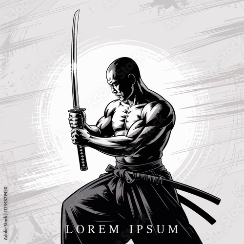 A powerful samurai holding a sword ready for action, showcasing strength and determination. The intense aura and skill of the warrior create a striking visual identity.