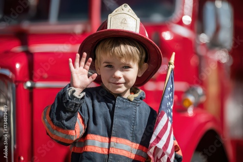 Young boy dressed as firefighter waves with pride while holding the USA flag next to a bright red fire truck in a sunny outdoor setting