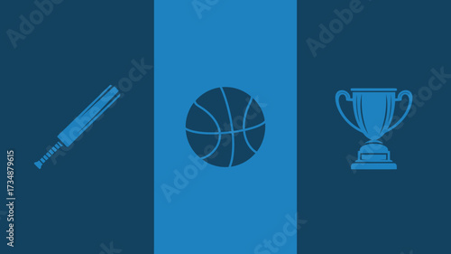 Sports icon set featuring a bat basketball and trophy vector illustration for sports-related designs isolated on a blue background