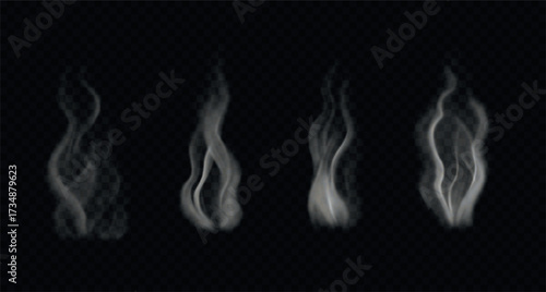Vector realistic hot steam from food, tea. Set of wavy smoke isolated on transparent background