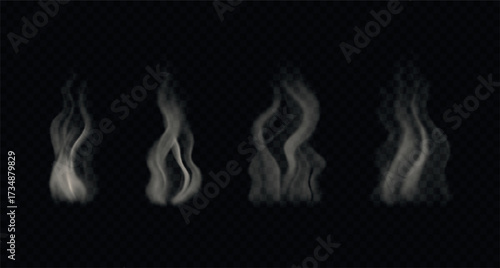 Hot steam of smoke. Vector realistic effect. Set of wavy vapor from food, tea, coffee isolated on transparent backdrop