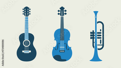 Musical instrument icons featuring a guitar violin and trumpet simple flat vector design for music education and performance