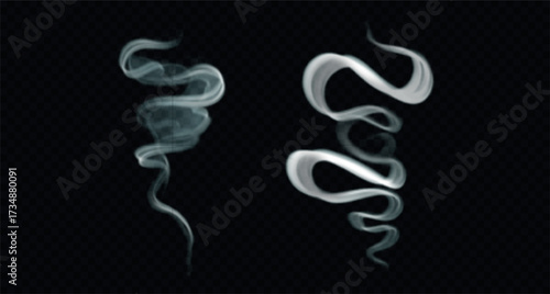 Vector effect of smoke from hot food or tea. Wavy and swirl steam isolated on dark transparent background